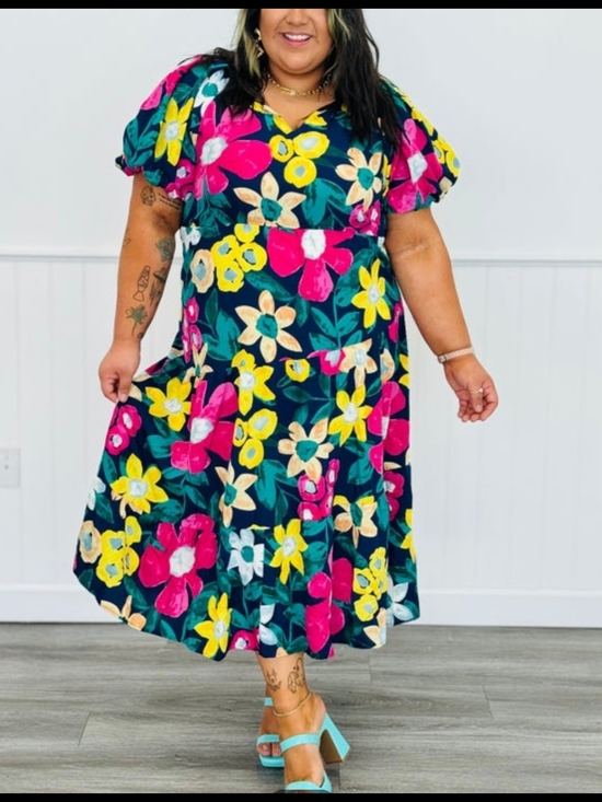 Umgee Dresses & Skirts - New Umgee Navy Floral Split Neck Midi Dress Size XL
